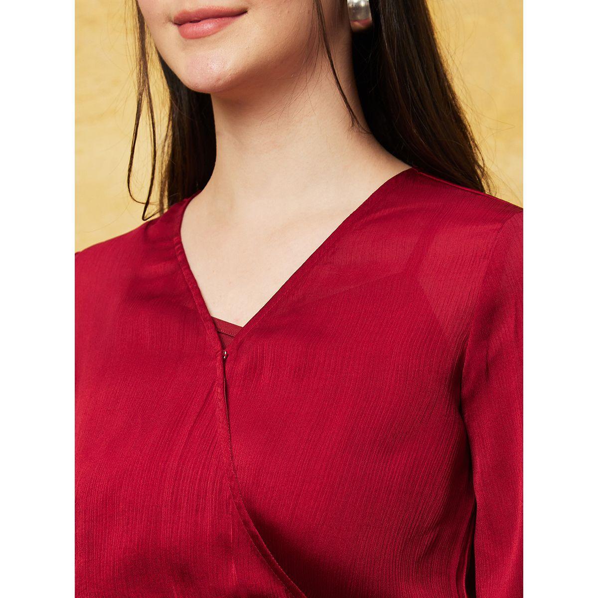Globus Solid Satin Wrap V-Nceck Ruffled Sleeves Top-women-clothing-shirtsandblouses-blouses-image-4
