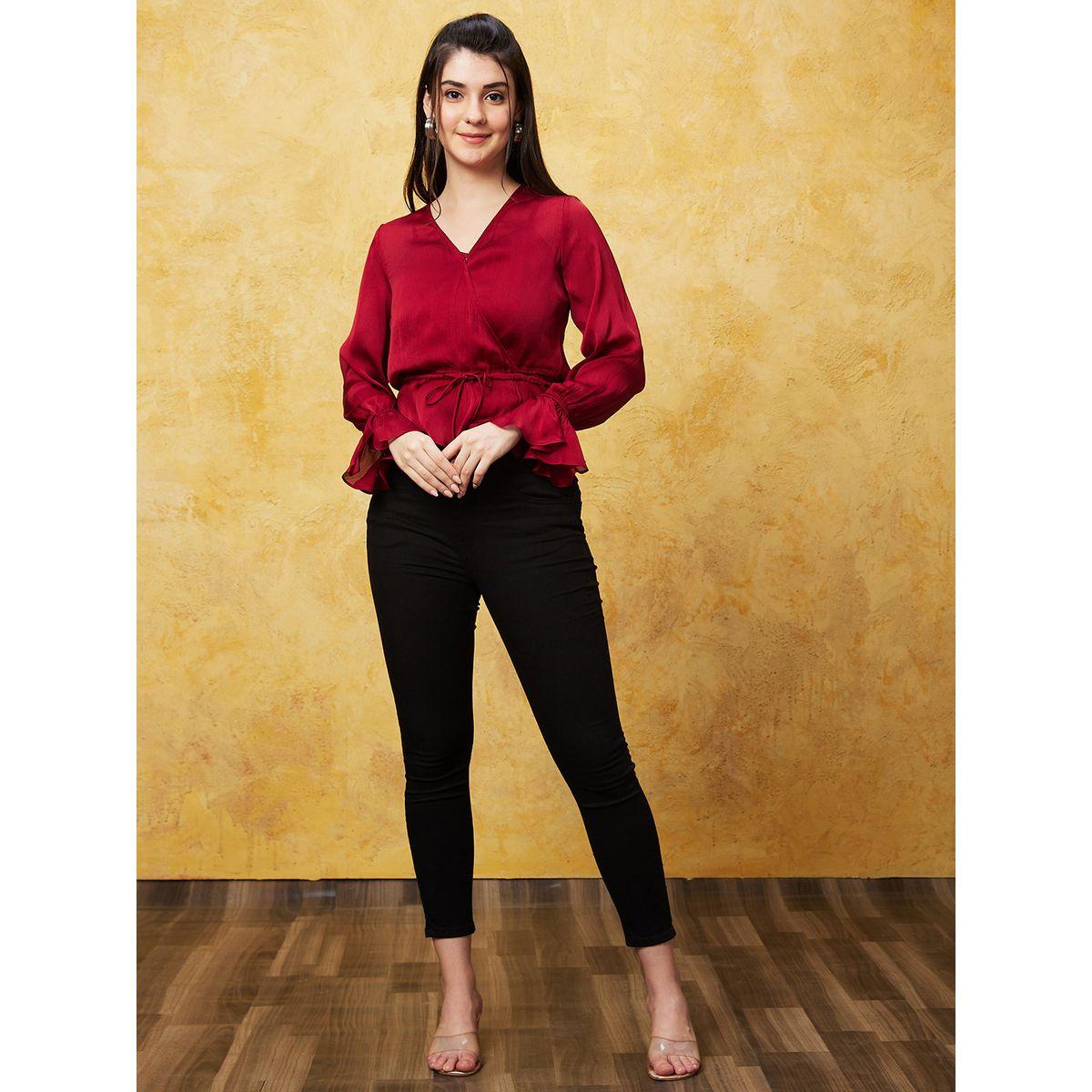 بلوزة سادة ساتان بنمط لف وأكمام بكشكش-women-clothing-shirtsandblouses-blouses-image-6