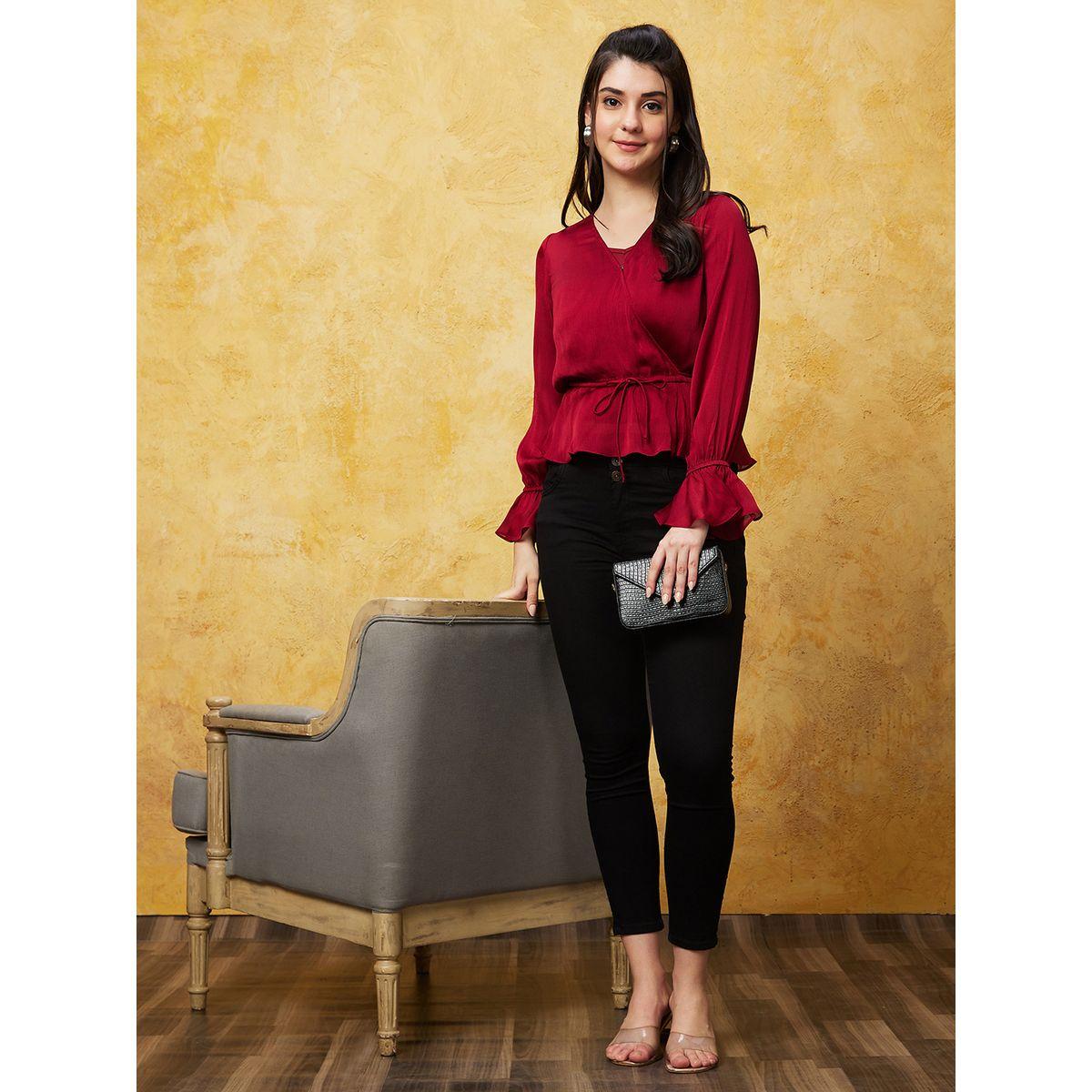 Globus Solid Satin Wrap V-Nceck Ruffled Sleeves Top-women-clothing-shirtsandblouses-blouses-image-7
