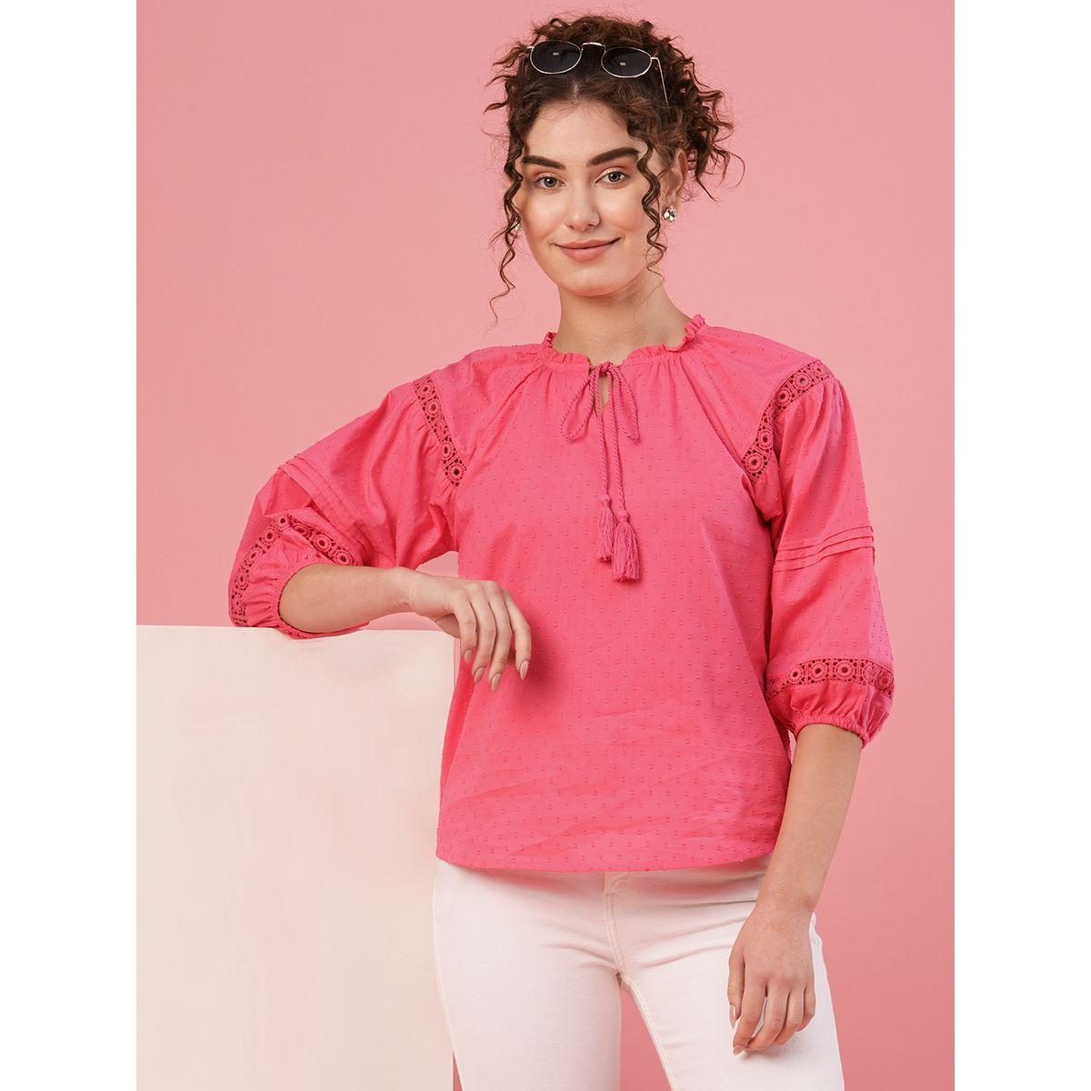 Globus X Styli Textured Dobby Tie-Up Neck Lace Insert Top-women-clothing-shirtsandblouses-blouses-image-1