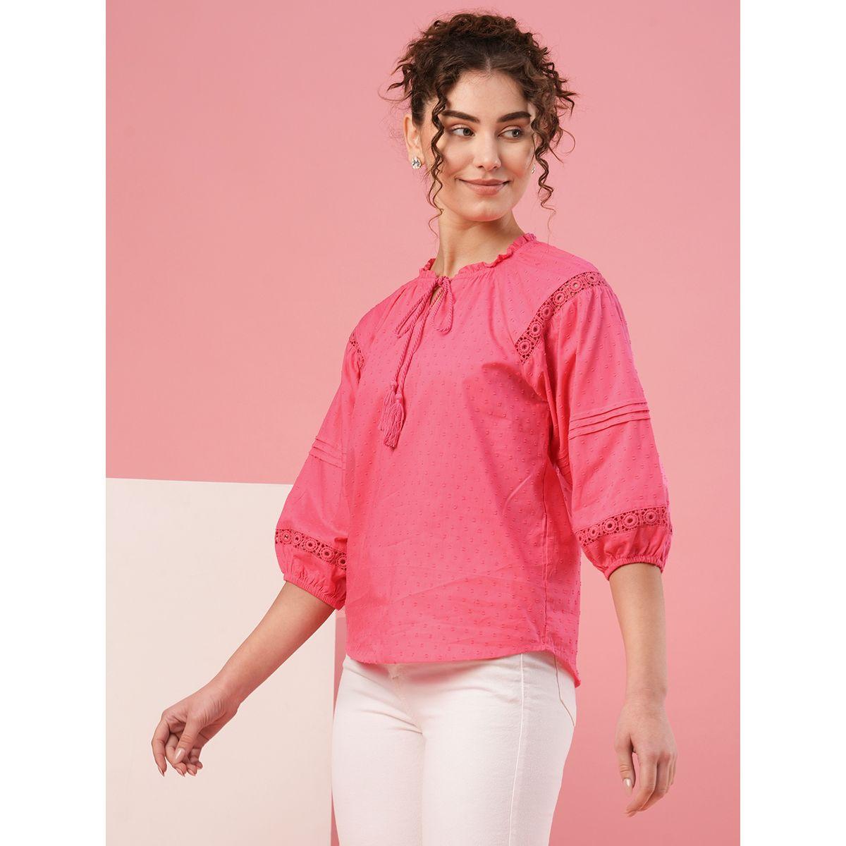 Globus X Styli Textured Dobby Tie-Up Neck Lace Insert Top-women-clothing-shirtsandblouses-blouses-image-2