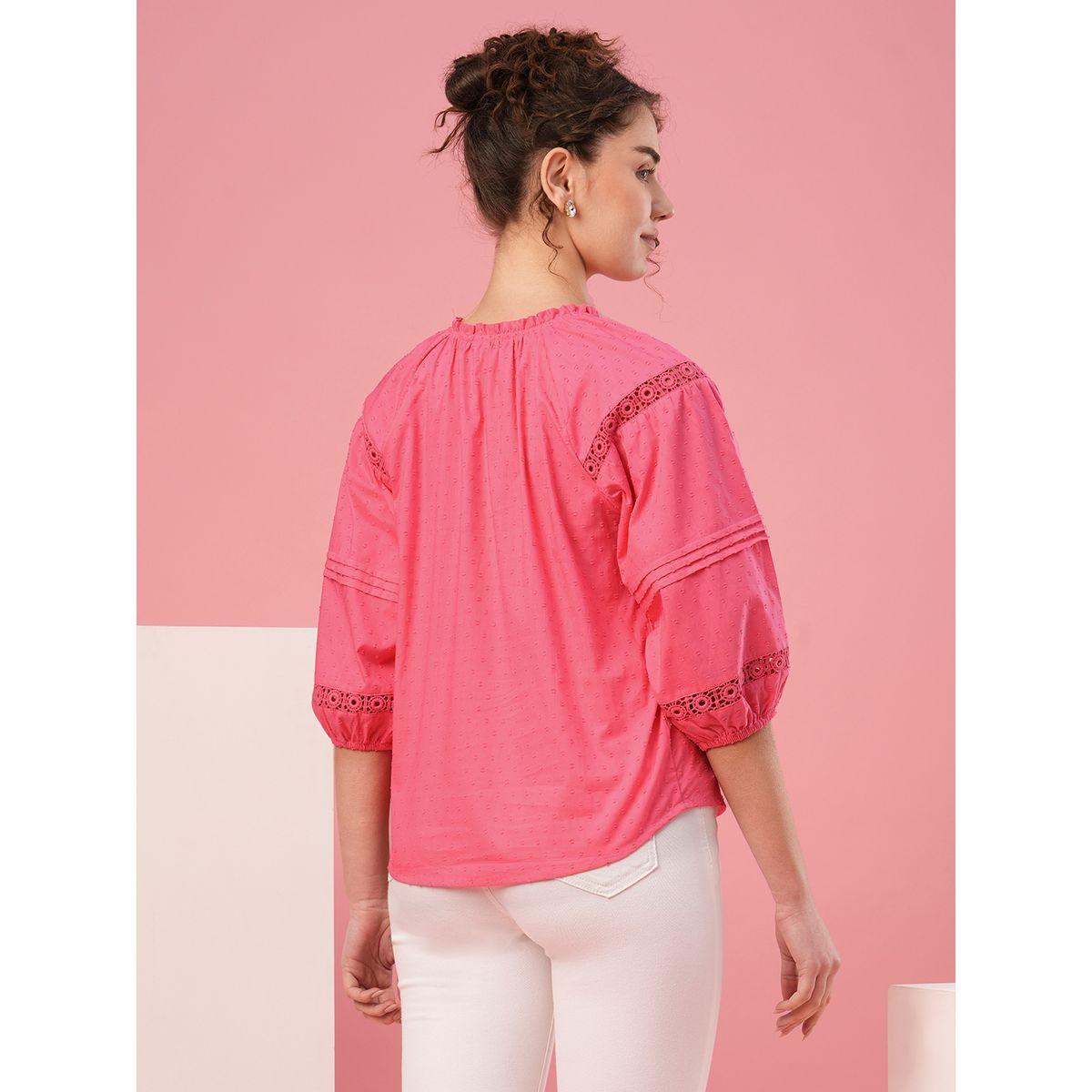 Globus X Styli Textured Dobby Tie-Up Neck Lace Insert Top-women-clothing-shirtsandblouses-blouses-image-3