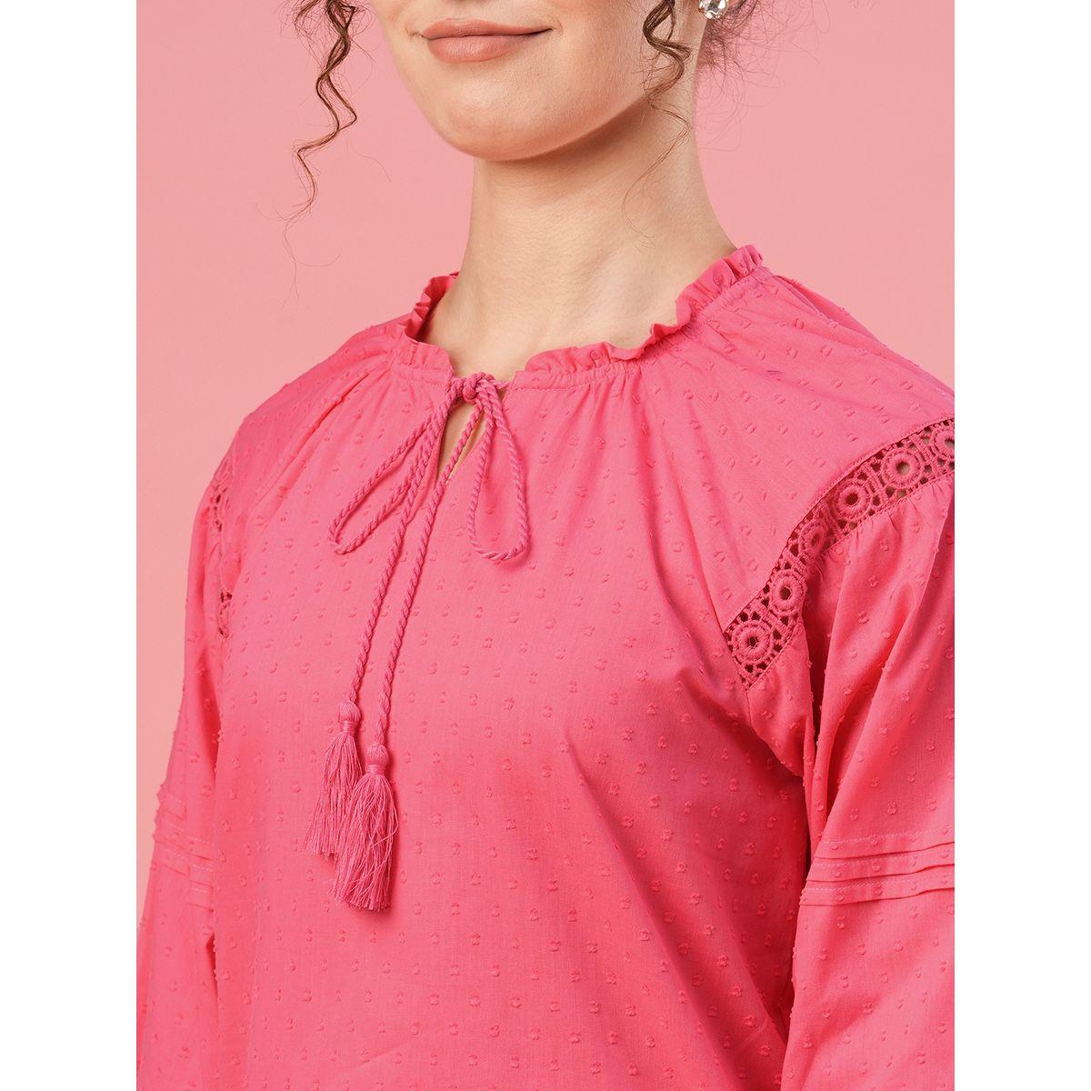 Globus X Styli Textured Dobby Tie-Up Neck Lace Insert Top-women-clothing-shirtsandblouses-blouses-image-4