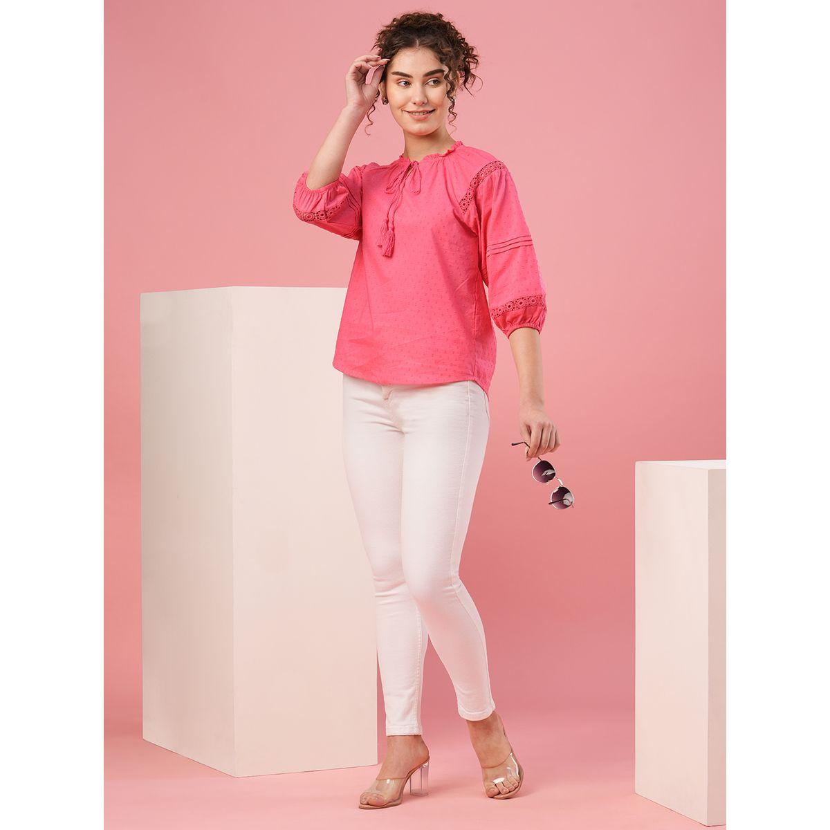 Globus X Styli Textured Dobby Tie-Up Neck Lace Insert Top-women-clothing-shirtsandblouses-blouses-image-5