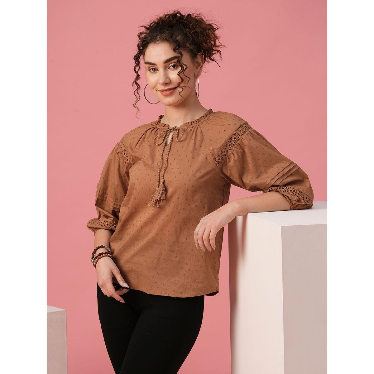 Globus X Styli Textured Dobby Tie-Up Neck Lace Insert Top-women-clothing-shirtsandblouses-blouses-image-1