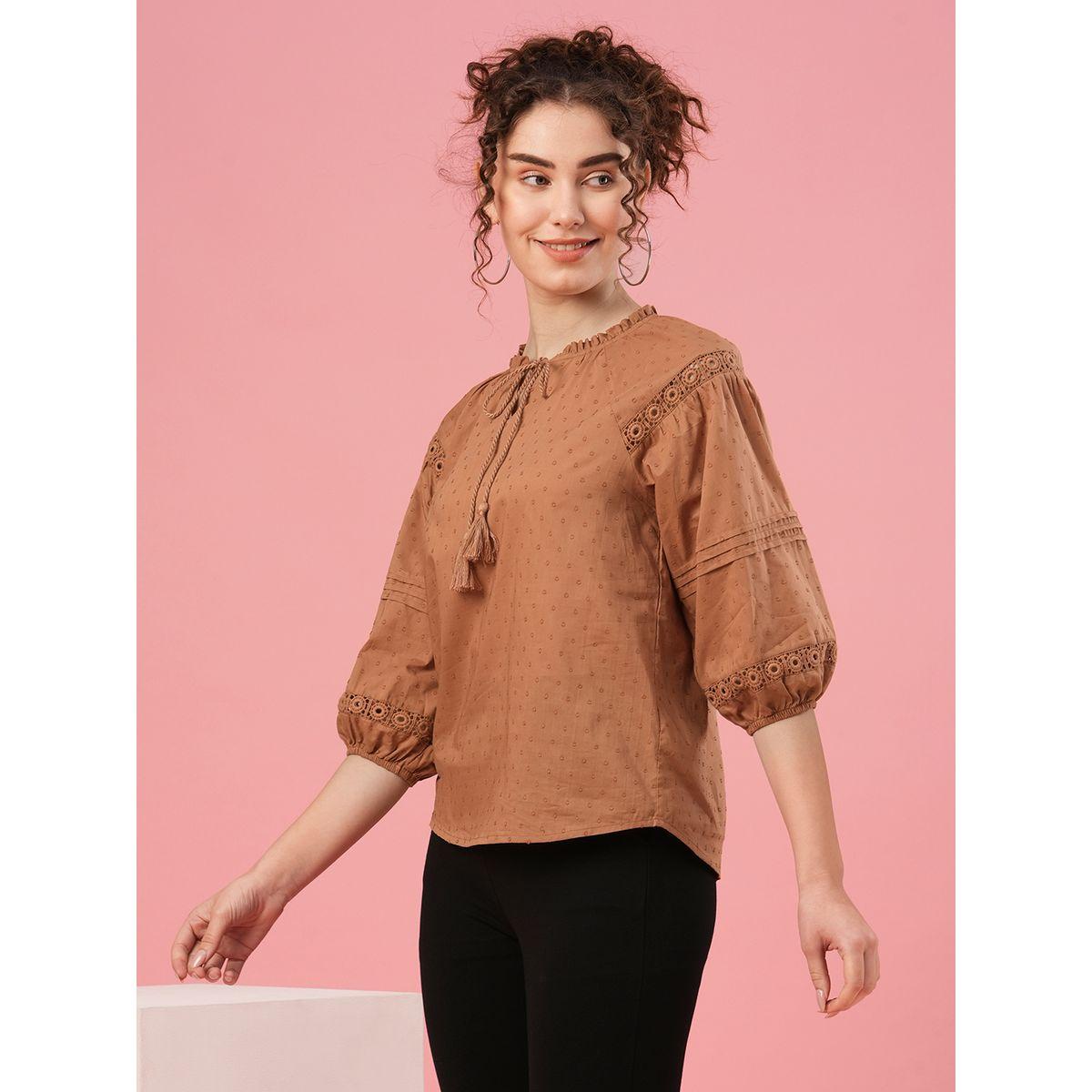 Globus X Styli Textured Dobby Tie-Up Neck Lace Insert Top-women-clothing-shirtsandblouses-blouses-image-2