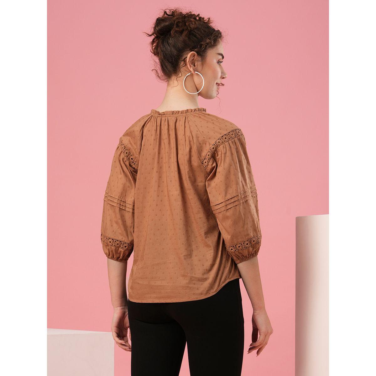 Globus X Styli Textured Dobby Tie-Up Neck Lace Insert Top-women-clothing-shirtsandblouses-blouses-image-3
