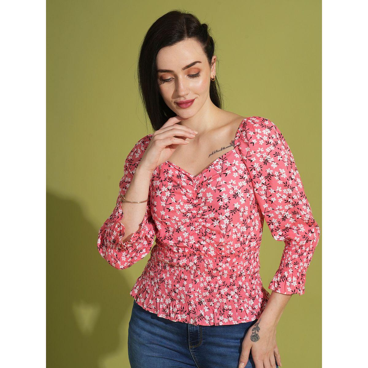 Globus X Styli Floral Printed Sweetheart Neck Ruched Detail Top-women-clothing-shirtsandblouses-blouses-image-1
