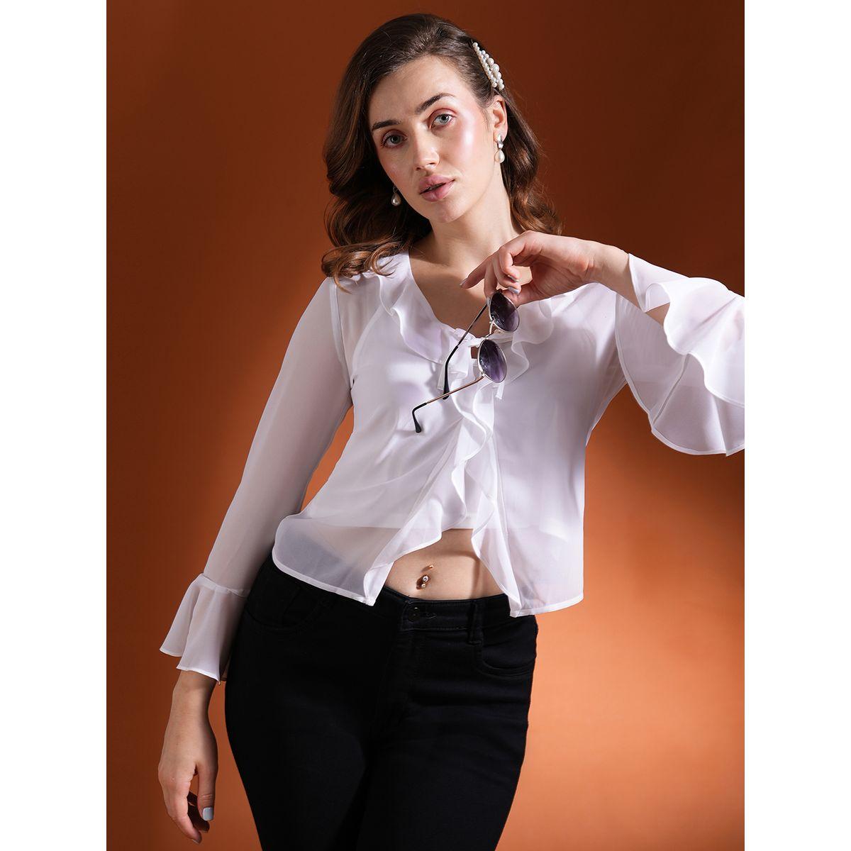 بلوزة قصيرة بكشكش وياقة بأربطة-women-clothing-tshirts-image-1