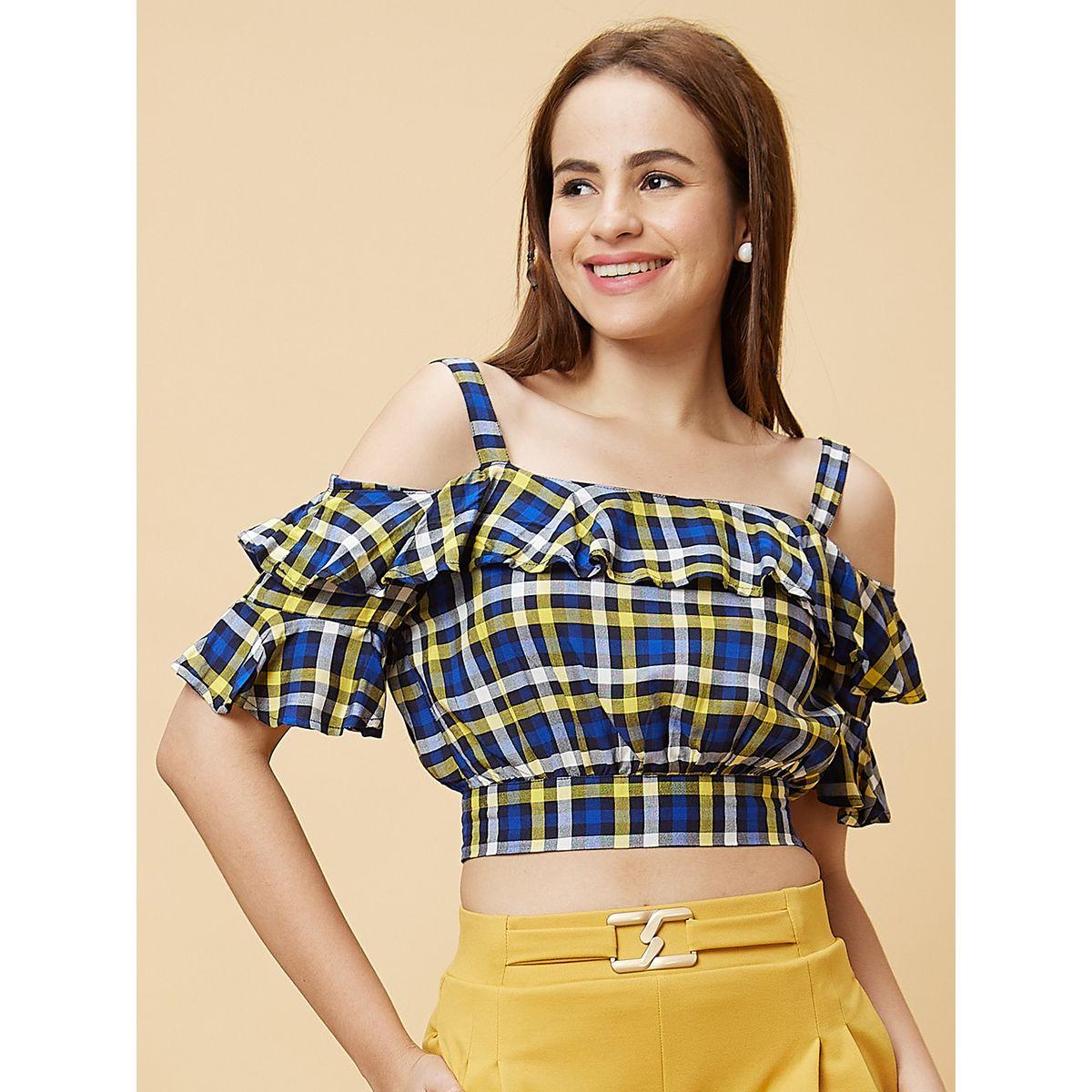 Globus X Styli Checked Off Shoulder Ruffled Crop Top-women-clothing-tshirts-image-2