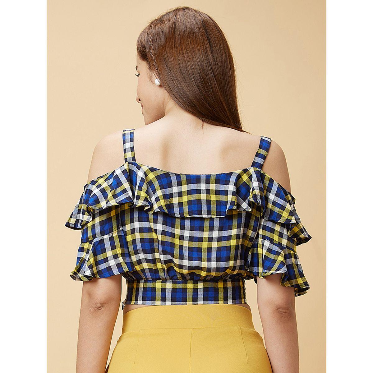 Globus X Styli Checked Off Shoulder Ruffled Crop Top-women-clothing-tshirts-image-4