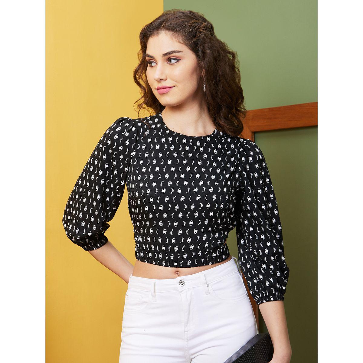 بلوزة قصيرة بطبعة مجردة وأكمام منفوخة-women-clothing-tshirts-image-1