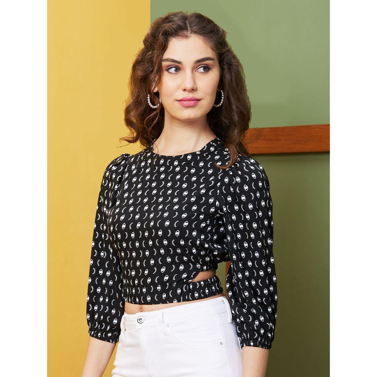 Globus X Styli Abstract Print Round Neck Puff Sleeves Crop Top-women-clothing-tshirts-image-2