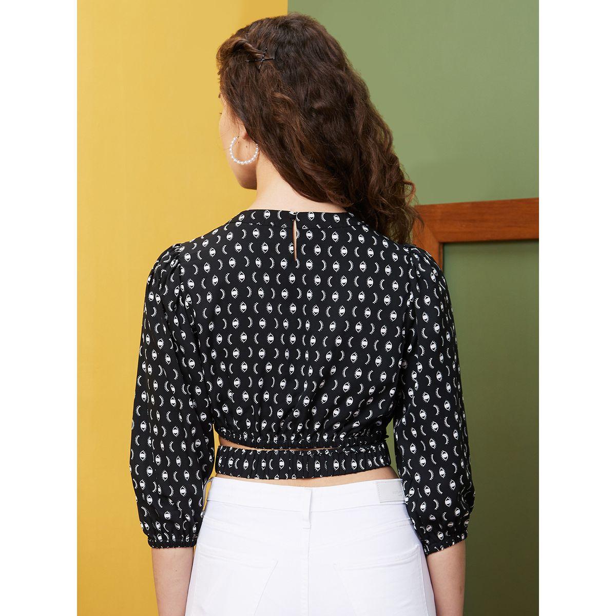 Globus X Styli Abstract Print Round Neck Puff Sleeves Crop Top-women-clothing-tshirts-image-3