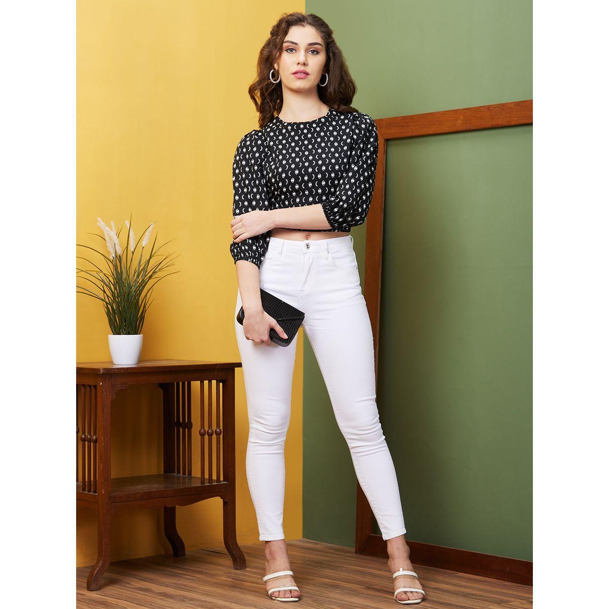 Globus X Styli Abstract Print Round Neck Puff Sleeves Crop Top-women-clothing-tshirts-image-5