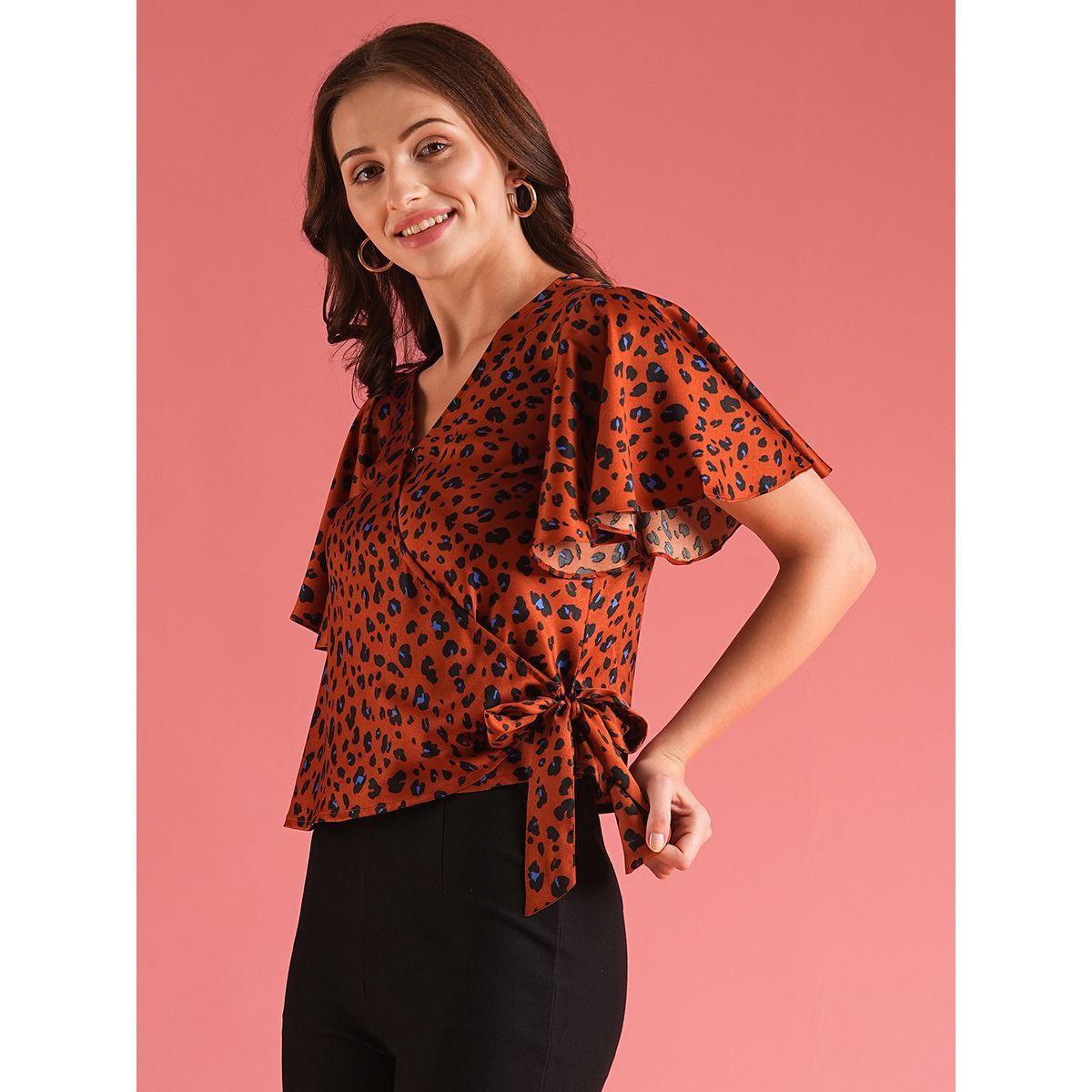 Globus Women Brown Animal Print Flared Sleeves Wrap Top-women-clothing-shirtsandblouses-blouses-image-2