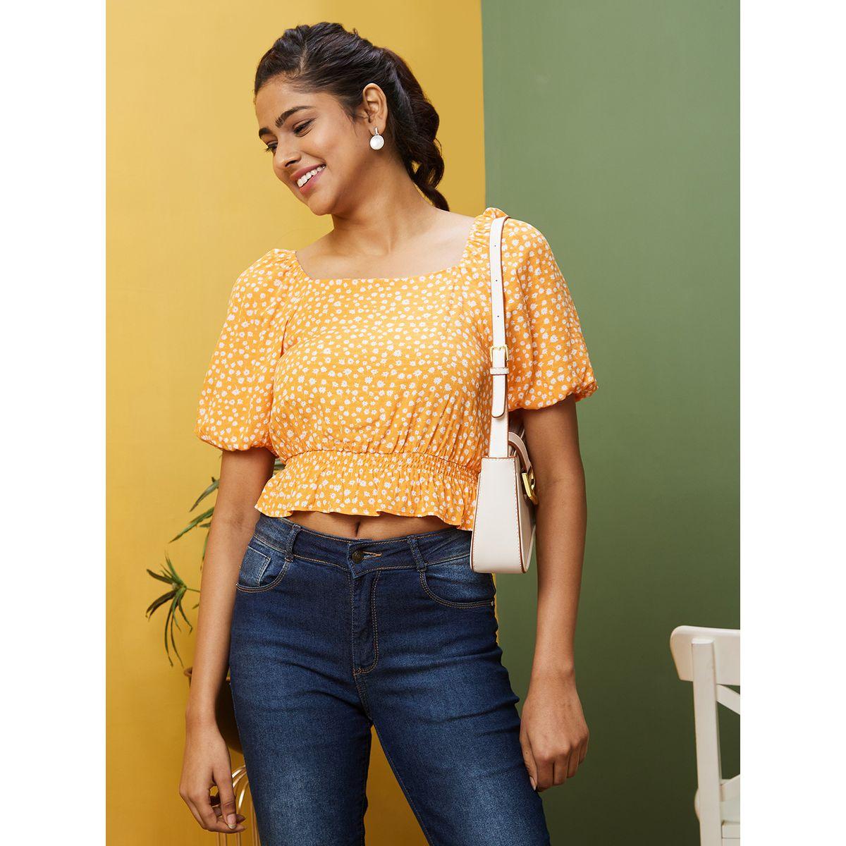 Globus X Styli Floral Printed Square Neck Smocked Crop Top-women-clothing-tshirts-image-1