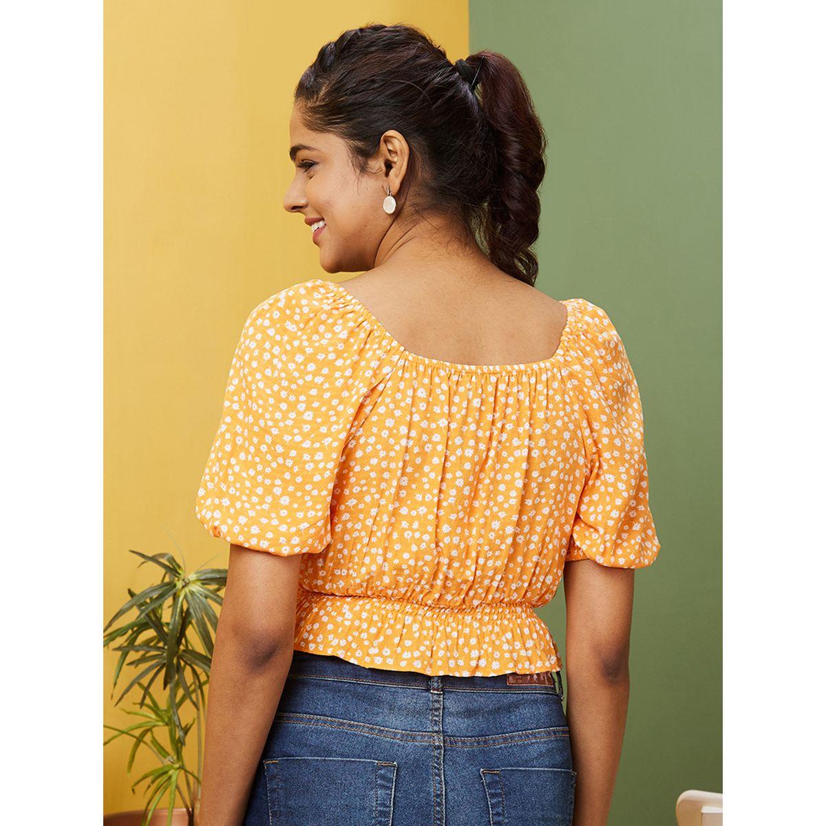 Globus X Styli Floral Printed Square Neck Smocked Crop Top-women-clothing-tshirts-image-3