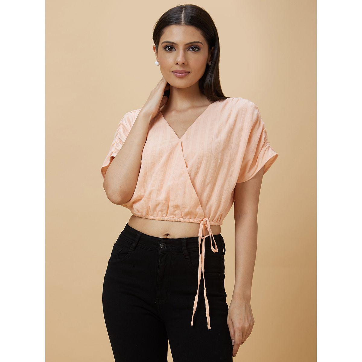 Globus X Styli Stiped Ruched Sleeve Waist Tie-Up Crop Top-women-clothing-tshirts-image-2
