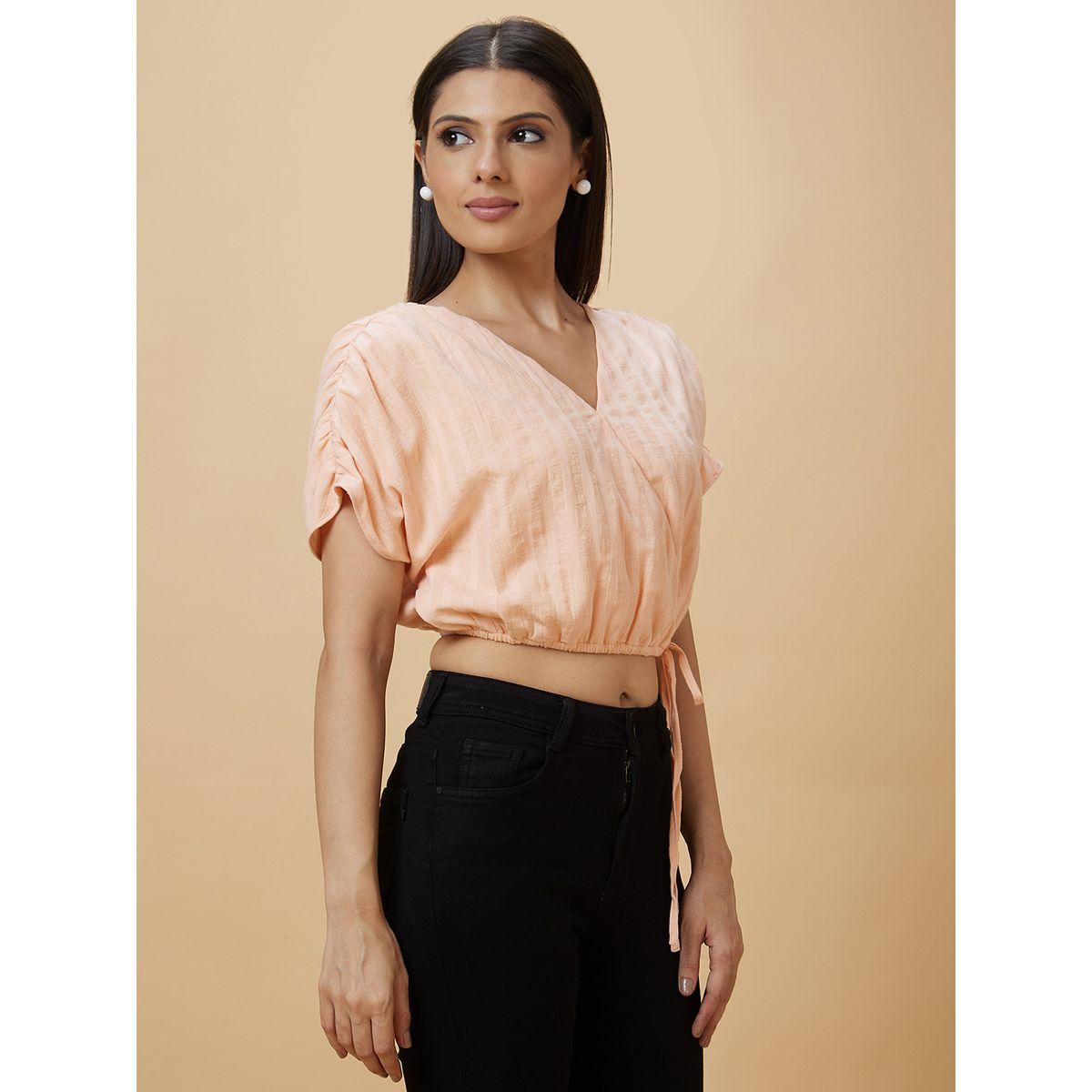 Globus X Styli Stiped Ruched Sleeve Waist Tie-Up Crop Top-women-clothing-tshirts-image-3