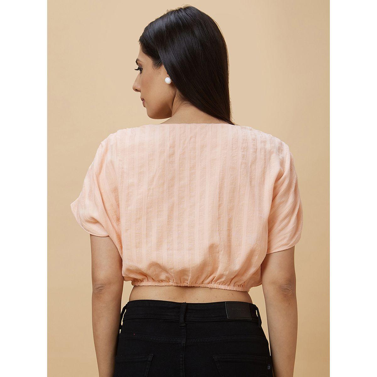 بلوزة قصيرة مخططة بأكمام مزمومة ورباط خصر-women-clothing-tshirts-image-4