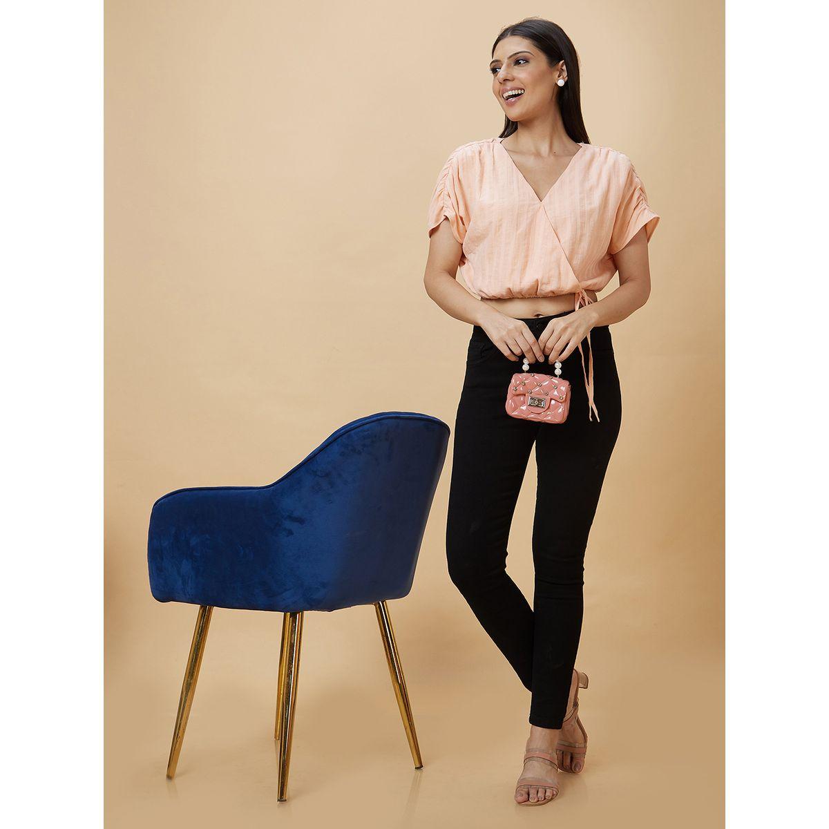 بلوزة قصيرة مخططة بأكمام مزمومة ورباط خصر-women-clothing-tshirts-image-6