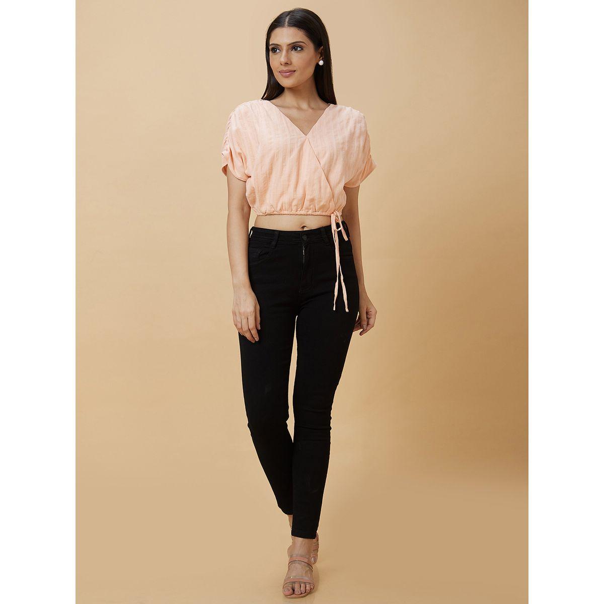 Globus X Styli Stiped Ruched Sleeve Waist Tie-Up Crop Top-women-clothing-tshirts-image-7