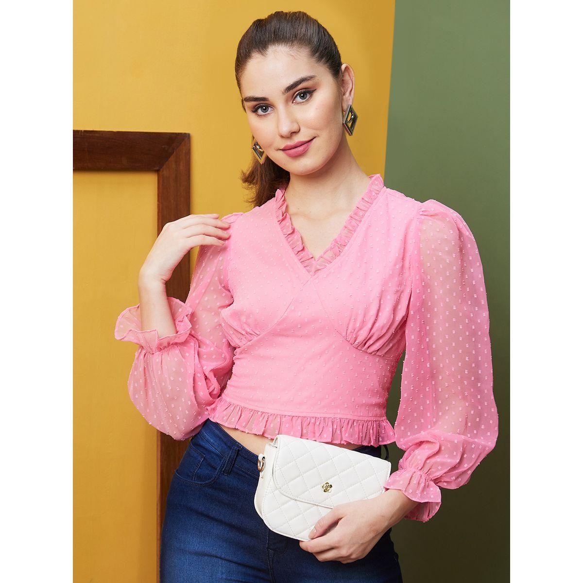 Globus X Styli Textured Dobby Ruffled V-Neck Balloon Sleeve Top-women-clothing-shirtsandblouses-blouses-image-1