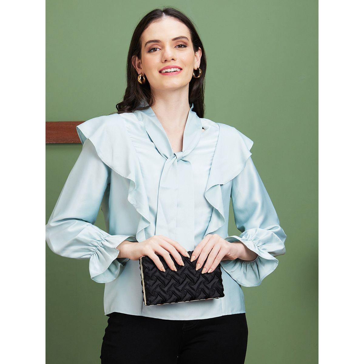بلوزة سادة ساتان مع ياقة بأربطة وكشكش-women-clothing-shirtsandblouses-blouses-image-1