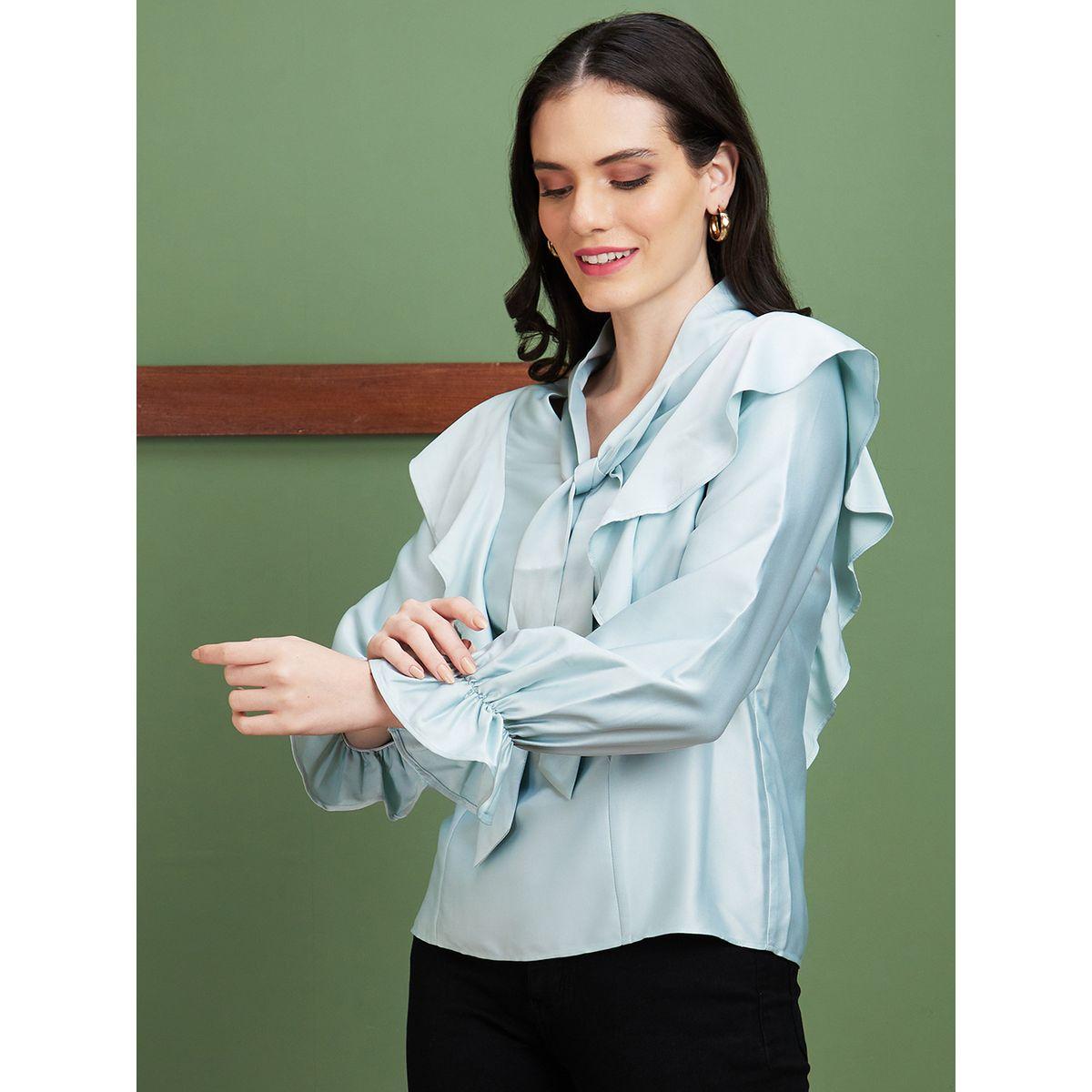 Globus X Styli Solid Satin Tie-Up Neck Ruffled Detail Top-women-clothing-shirtsandblouses-blouses-image-2