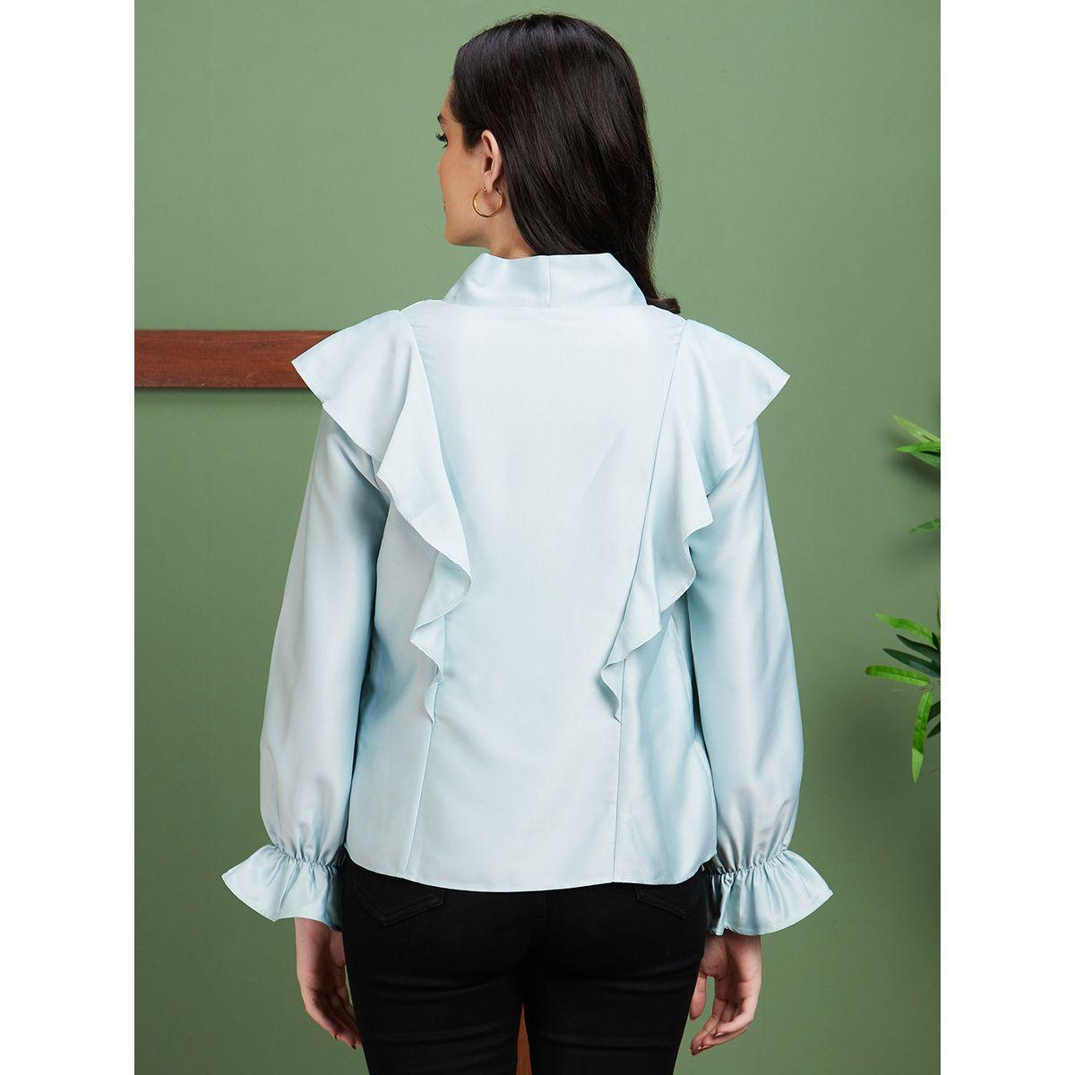 Globus X Styli Solid Satin Tie-Up Neck Ruffled Detail Top-women-clothing-shirtsandblouses-blouses-image-3