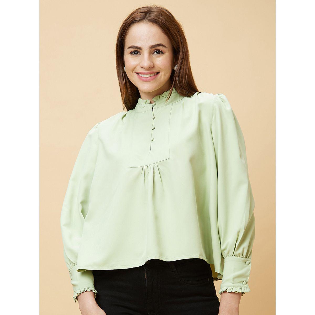 بلوزة بياقة ماندارين وأزرار مع أكمام بأساور-women-clothing-shirtsandblouses-blouses-image-2