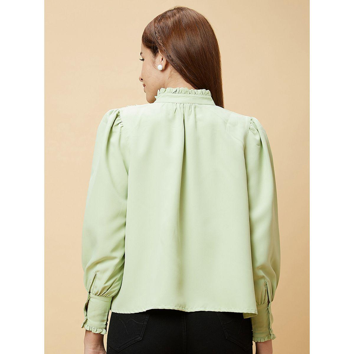 بلوزة بياقة ماندارين وأزرار مع أكمام بأساور-women-clothing-shirtsandblouses-blouses-image-4