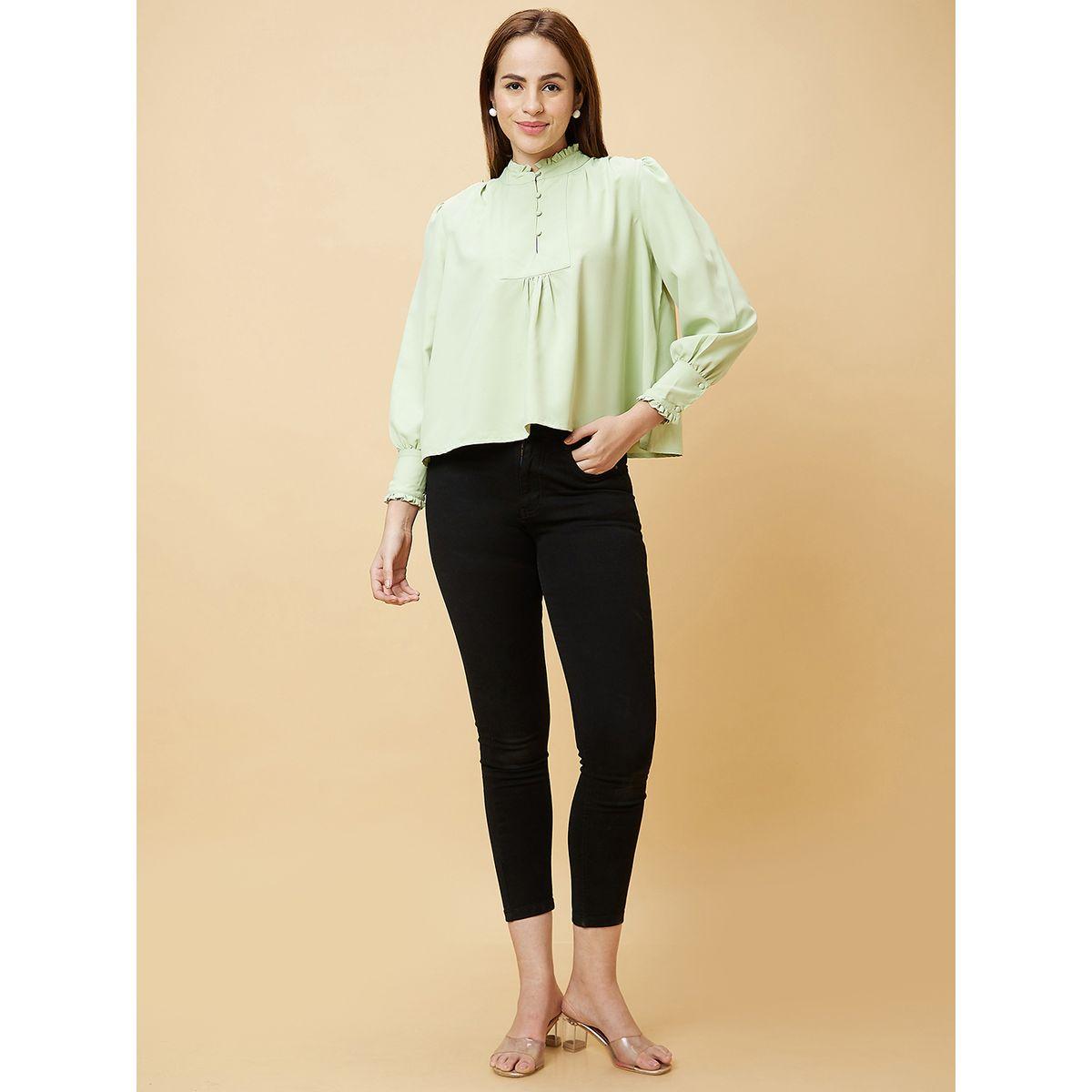 بلوزة بياقة ماندارين وأزرار مع أكمام بأساور-women-clothing-shirtsandblouses-blouses-image-7
