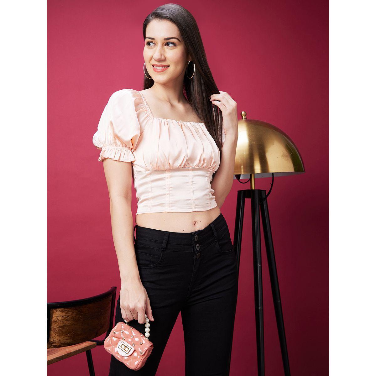 Globus X Styli Square Neck Puff Sleeves Smocked Detail Crop Top-women-clothing-tshirts-image-1
