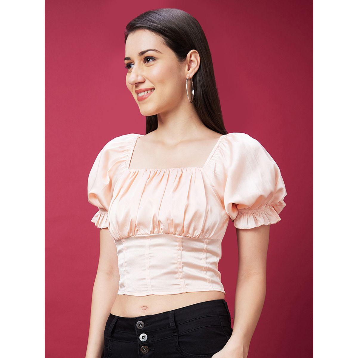 Globus X Styli Square Neck Puff Sleeves Smocked Detail Crop Top-women-clothing-tshirts-image-2