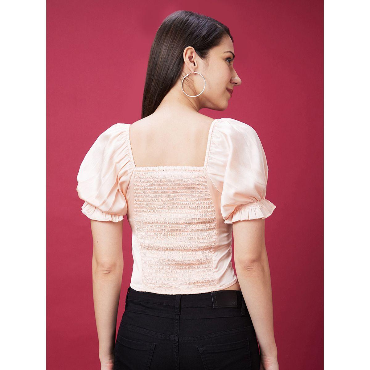 Globus X Styli Square Neck Puff Sleeves Smocked Detail Crop Top-women-clothing-tshirts-image-3