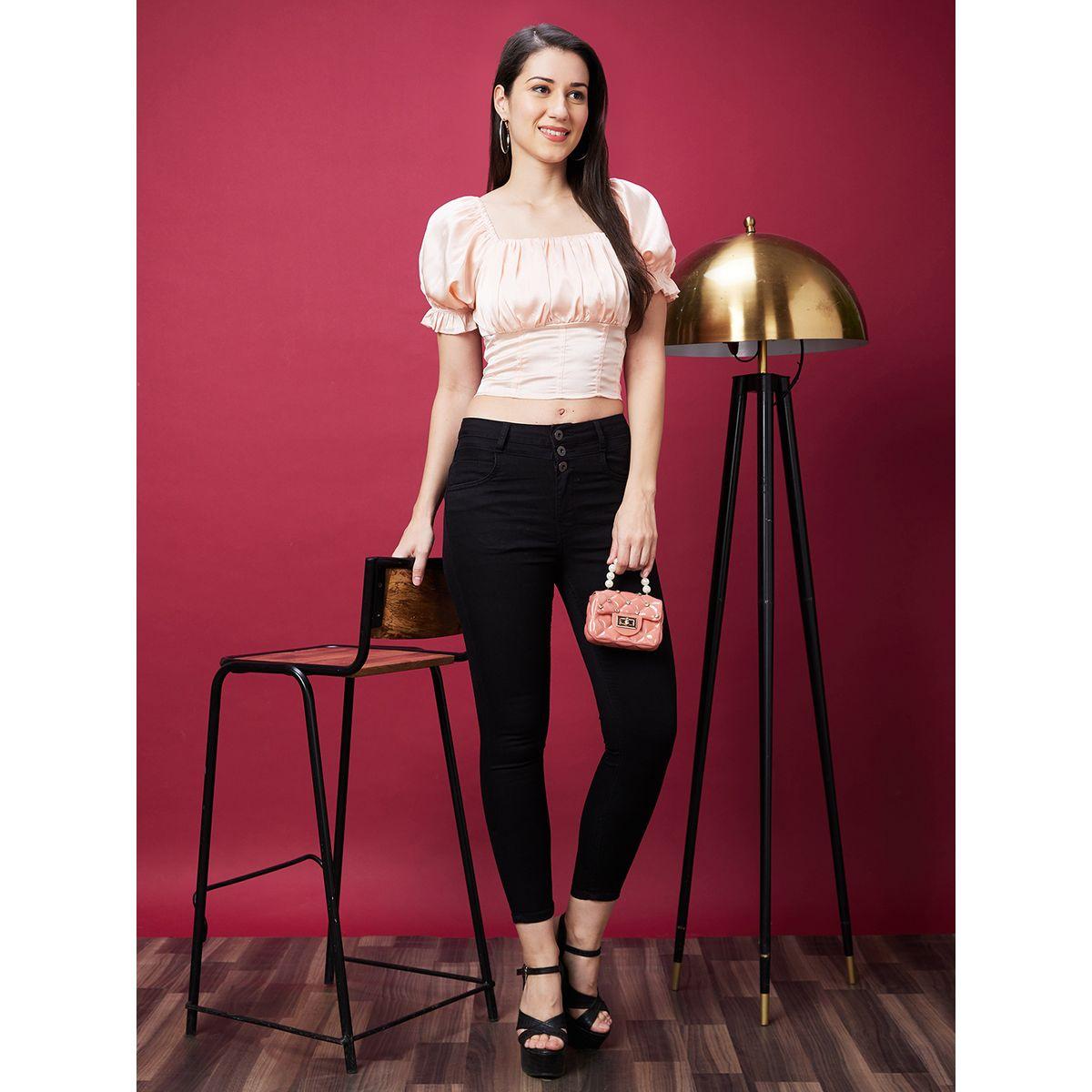Globus X Styli Square Neck Puff Sleeves Smocked Detail Crop Top-women-clothing-tshirts-image-5