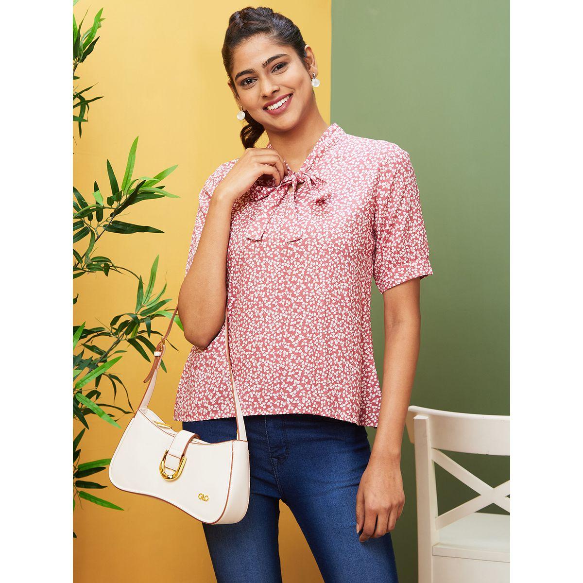 بلوزة مطبعة مع ياقة بأربطة وأكمام قصيرة-women-clothing-shirtsandblouses-blouses-image-1