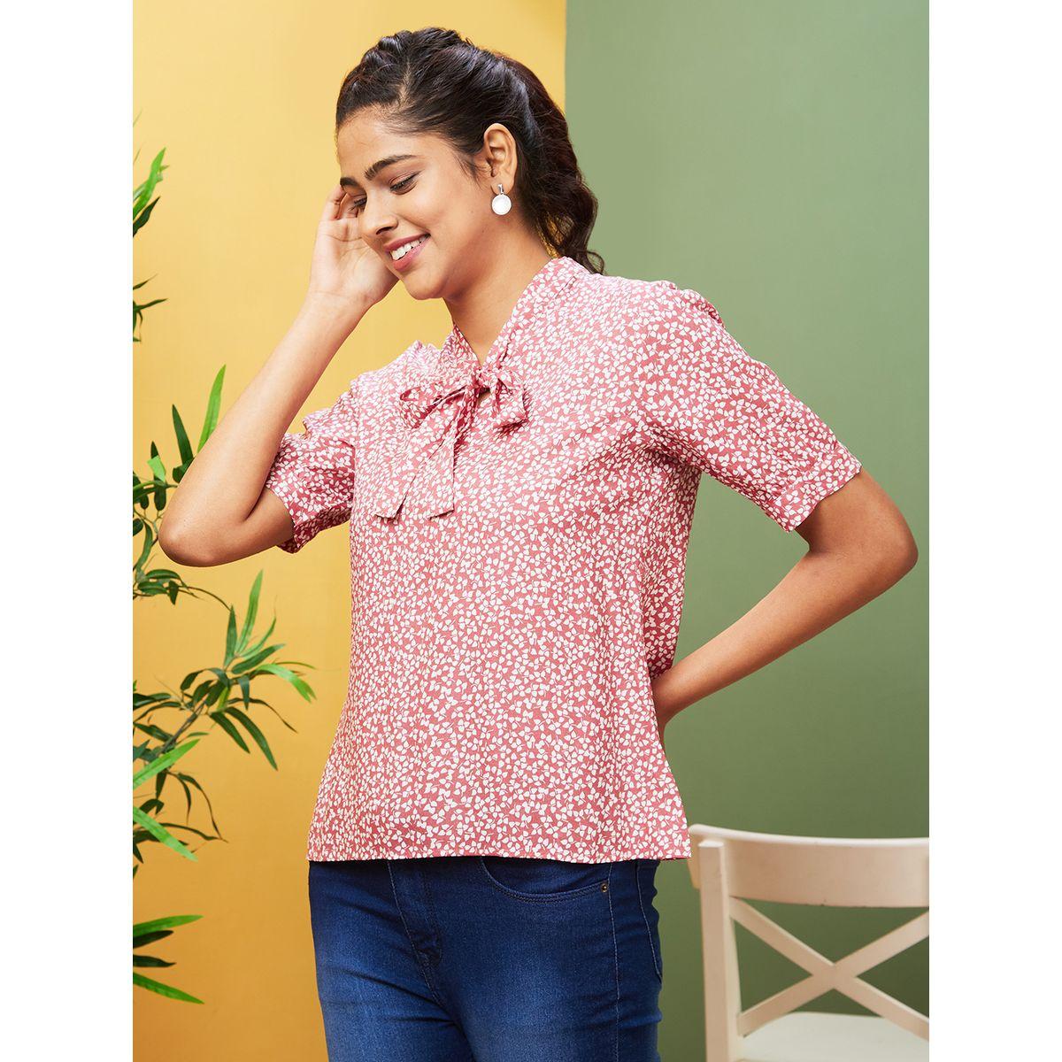 Globus X Styli Printed Tie-Up Neck Short Sleeve Top-women-clothing-shirtsandblouses-blouses-image-2