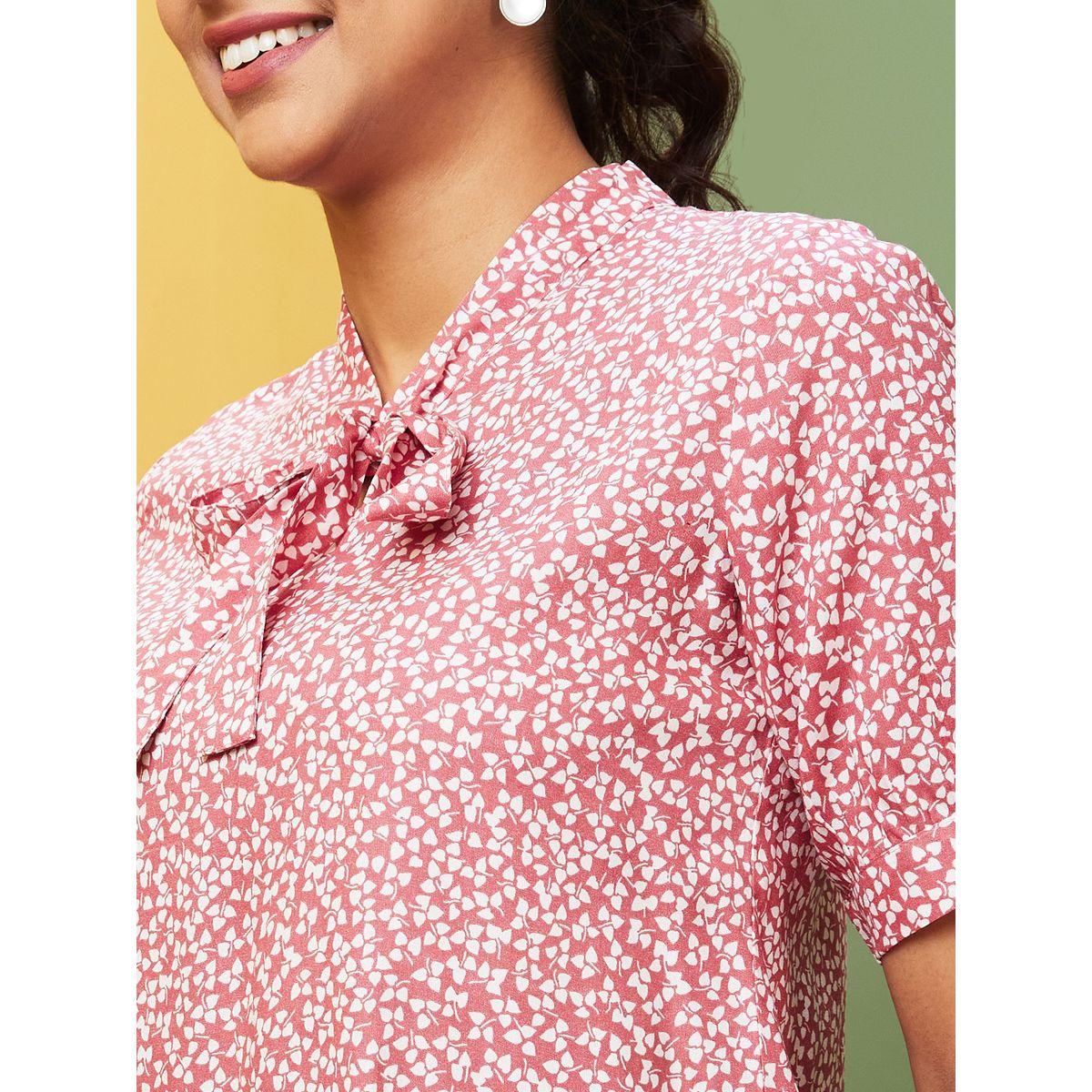 Globus X Styli Printed Tie-Up Neck Short Sleeve Top-women-clothing-shirtsandblouses-blouses-image-4