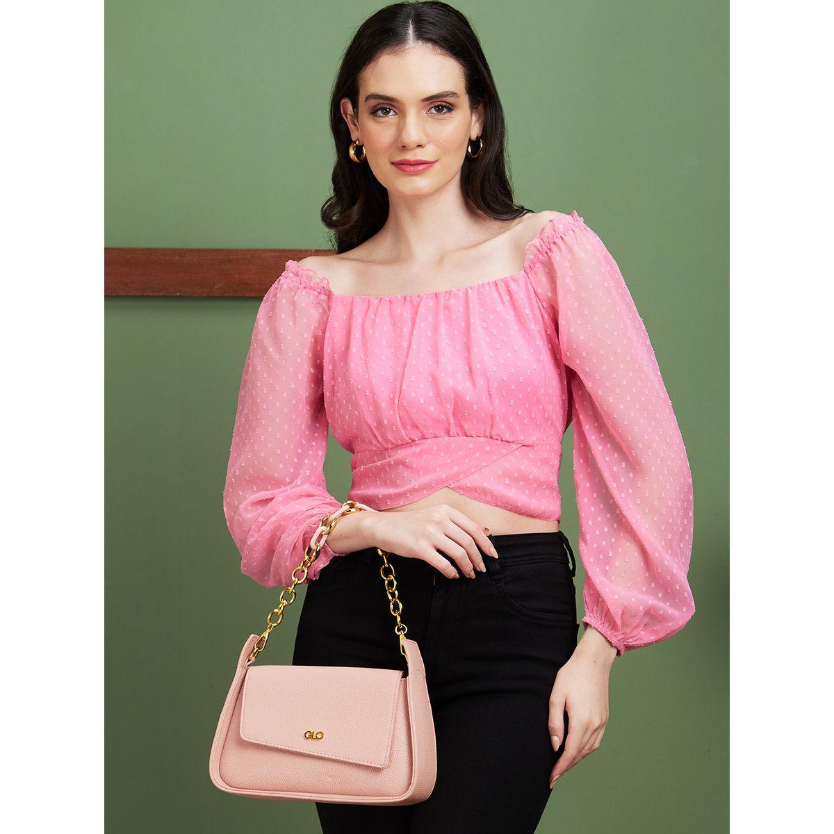 بلوزة قصيرة بياقة مربعة مع أكمام منفوخة وأربطة-women-clothing-tshirts-image-1