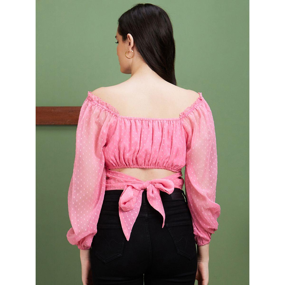 بلوزة قصيرة بياقة مربعة مع أكمام منفوخة وأربطة-women-clothing-tshirts-image-3