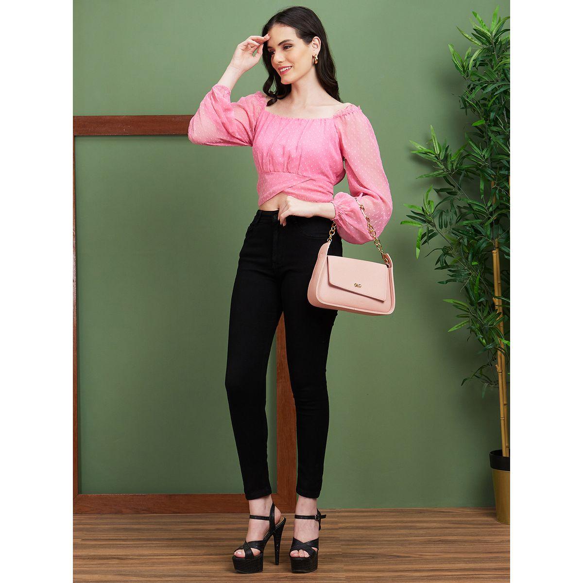بلوزة قصيرة بياقة مربعة مع أكمام منفوخة وأربطة-women-clothing-tshirts-image-5
