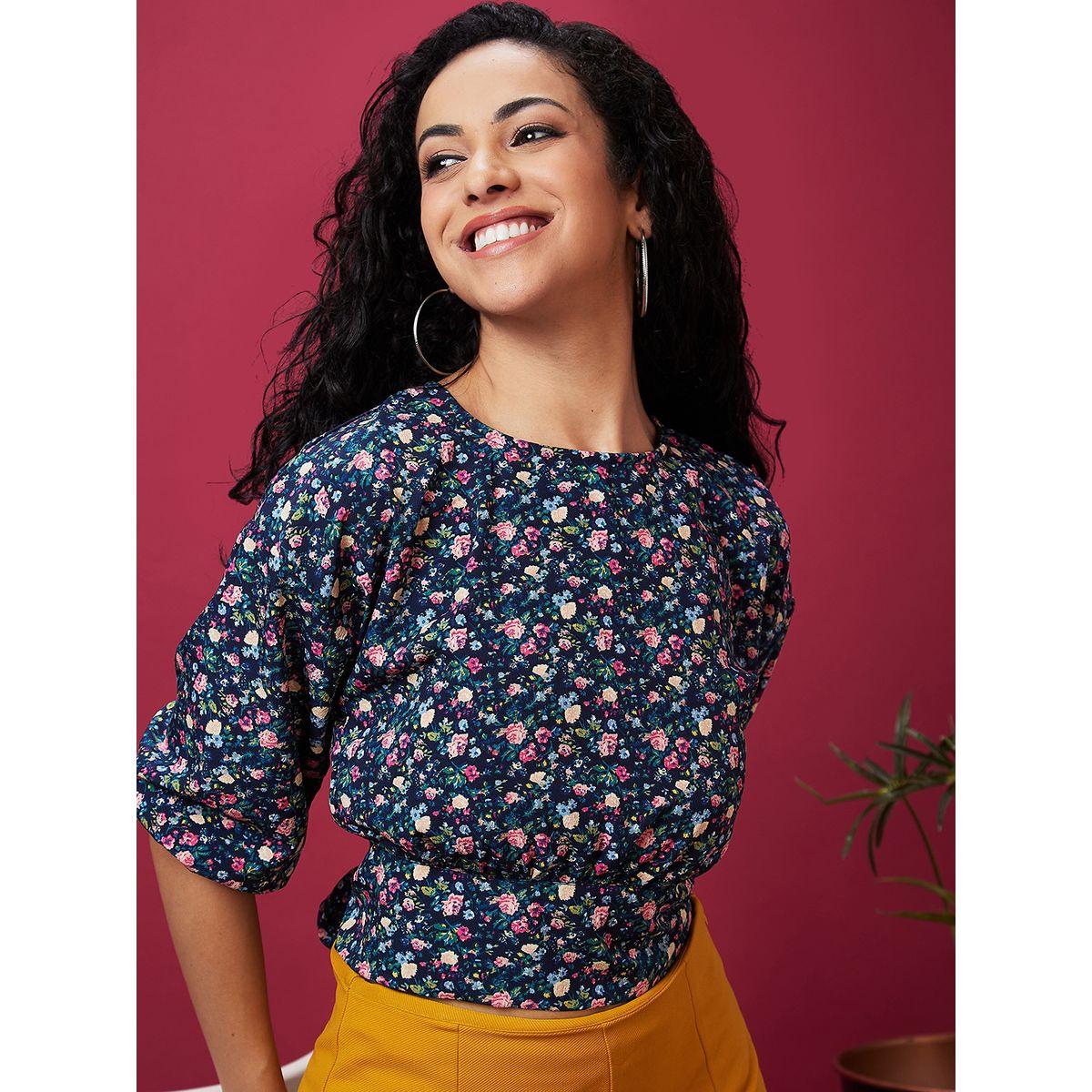 Globus X Styli Floral Print Back Tie Up Detail Crop Top-women-clothing-tshirts-image-1