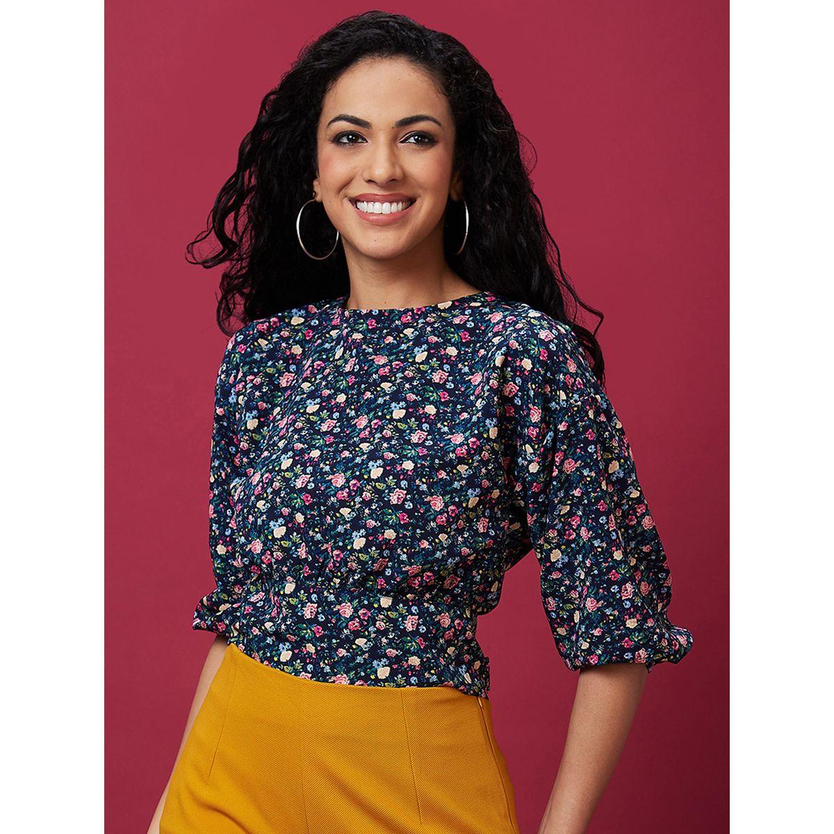 Globus X Styli Floral Print Back Tie Up Detail Crop Top-women-clothing-tshirts-image-2