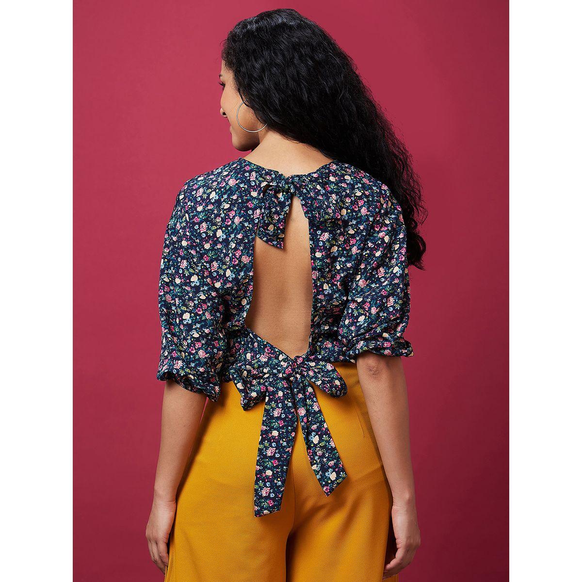 Globus X Styli Floral Print Back Tie Up Detail Crop Top-women-clothing-tshirts-image-4