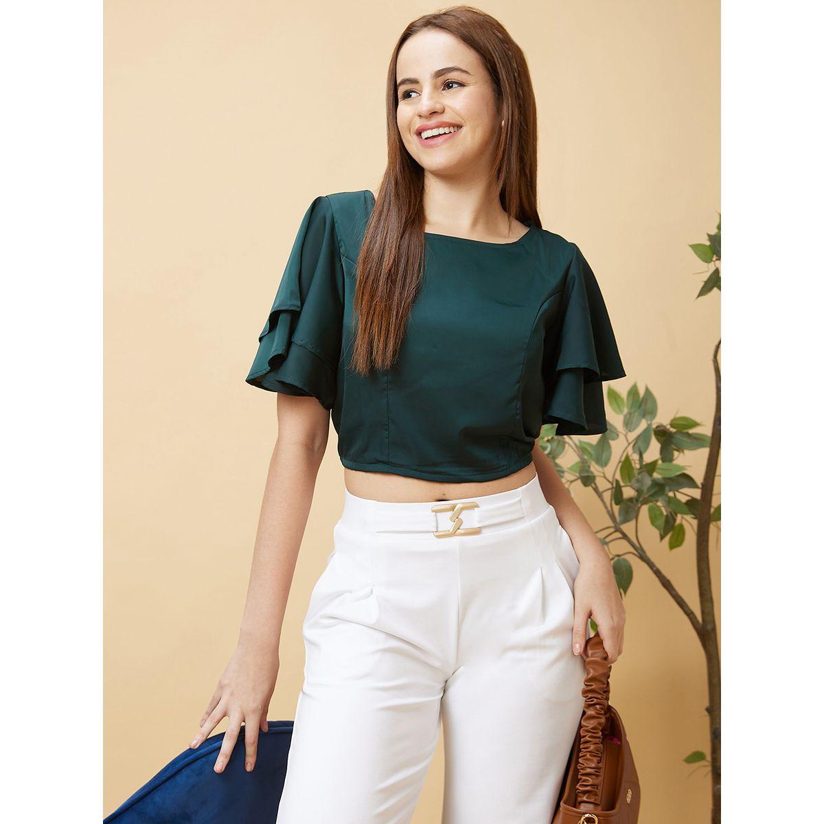 Globus X Styli Solid Layered Flared Sleeve Cropped Top-women-clothing-tshirts-image-1