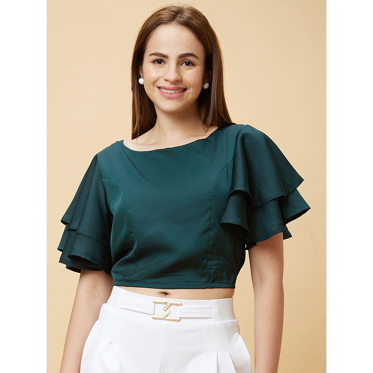 Globus X Styli Solid Layered Flared Sleeve Cropped Top-women-clothing-tshirts-image-2