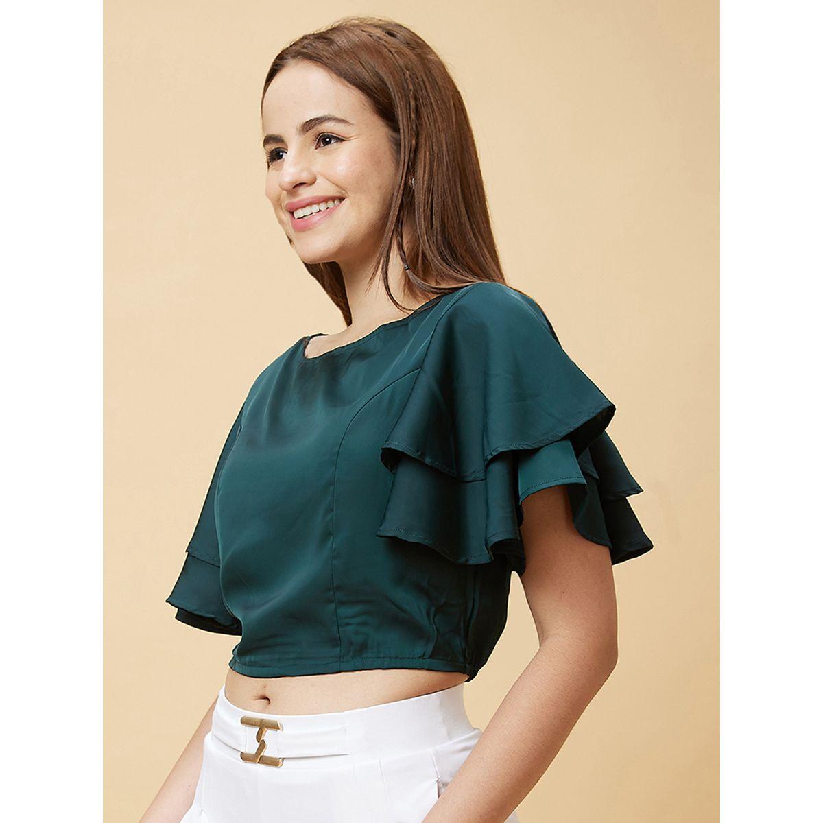 بلوزة قصيرة سادة بطبقات وأكمام واسعة-women-clothing-tshirts-image-3